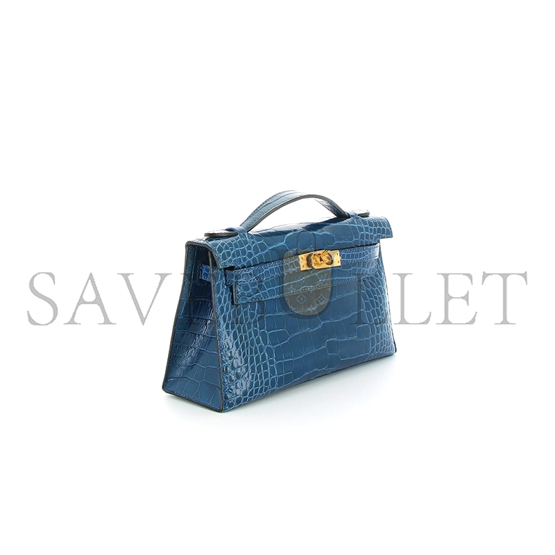 H**me5 master kelly pochette bleu mykonos alligator gold hardware (22*14*7cm)